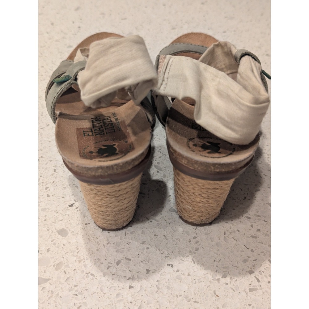 El Naturalista Block Heeled Sandals Ankle Strap Tan Fabric Green Leather  37 / 7 - Picture 4 of 11